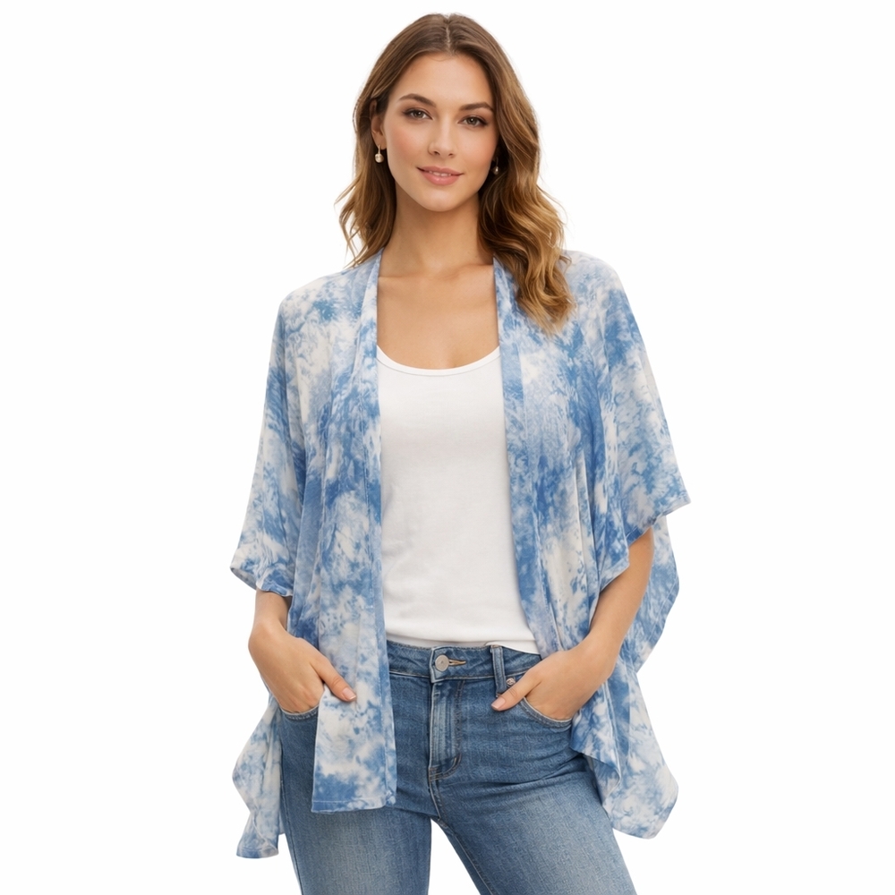 #1056 “Blue Tie-Dye Open Front Kimono Cardigan